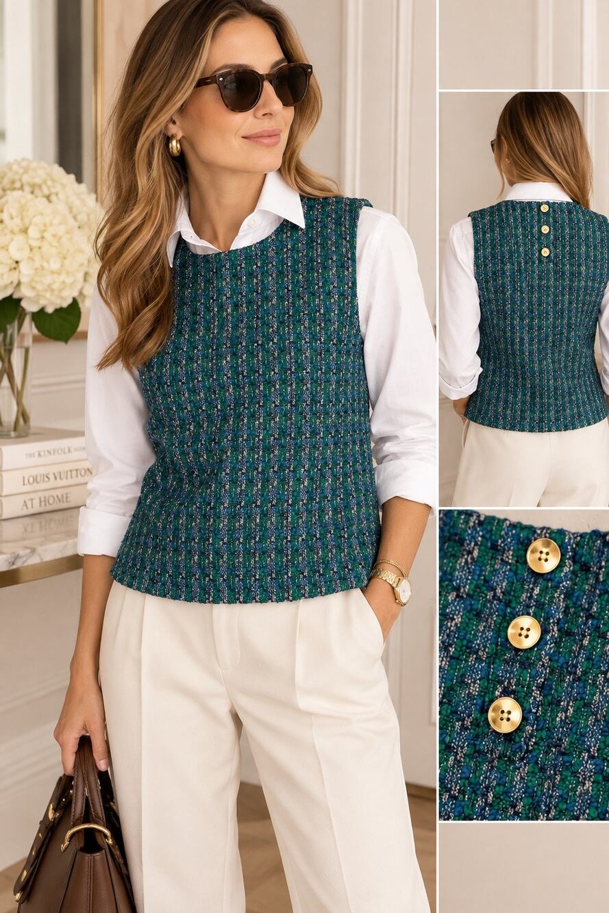 Heritage Preppy Quiet Luxury J.Crew Tweed Button Back Shell Layering Top S NWOT